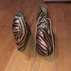 Brown pony hair zebra tie-up wedges